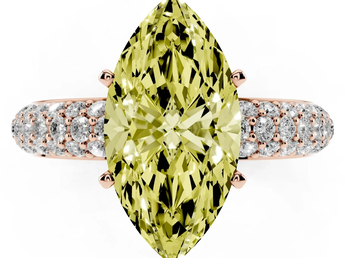 Fancy Yellow Marquise Cut Diamond Solitaire Ring with Prong Setting and Pavé Band Rose gold