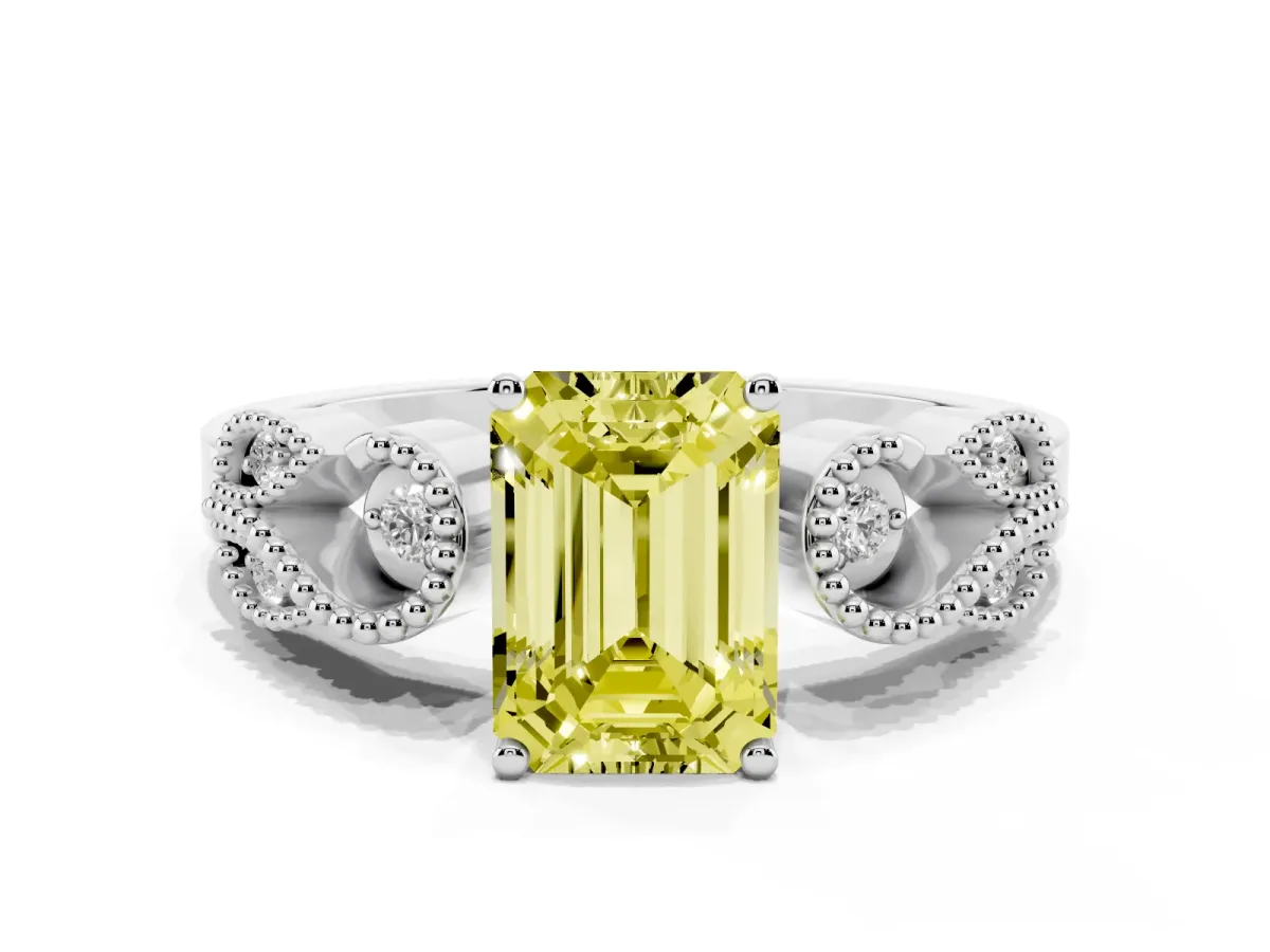 Fancy Yellow Emerald Cut Solitaire Milgrain Leaf Band with Prong Setting White gold
