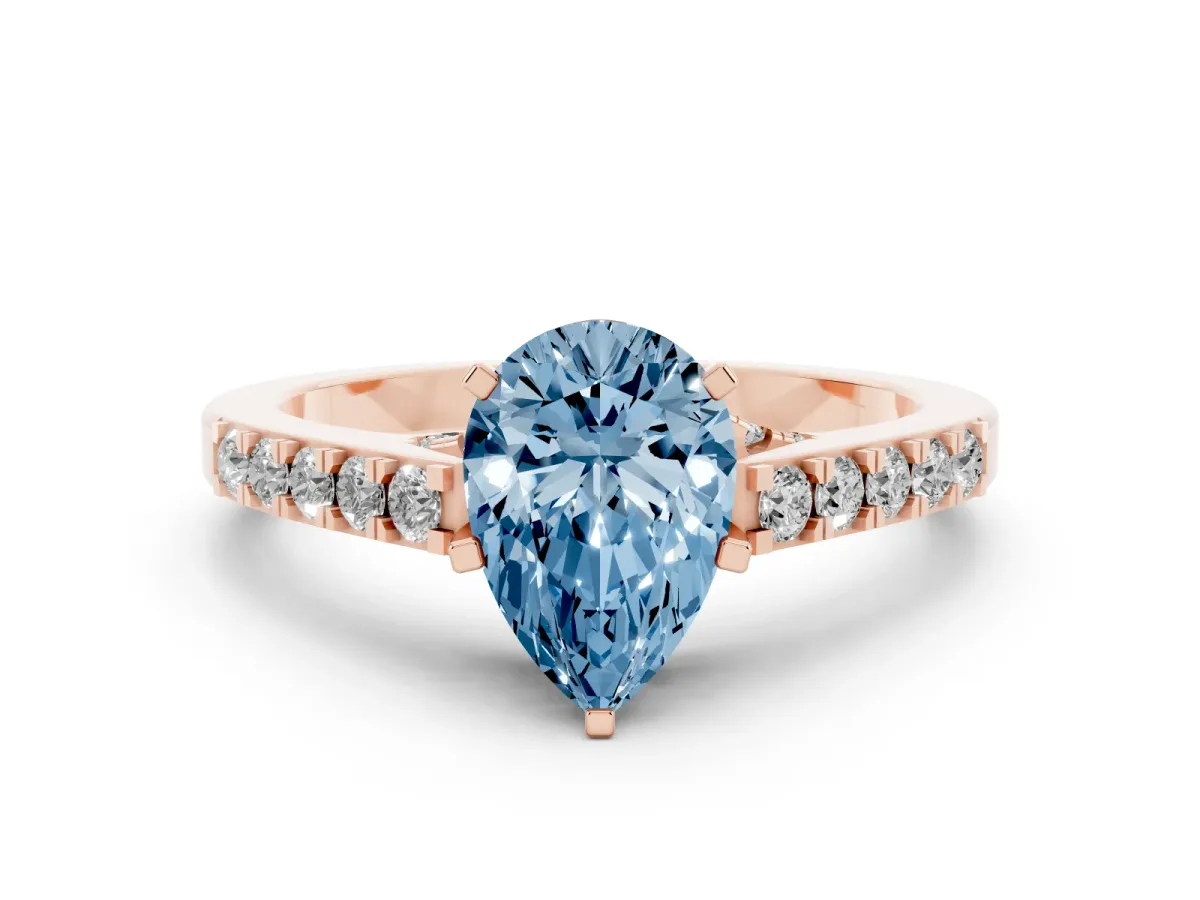 Fancy Blue Pear Cut Diamond Solitaire Ring with Crossover Gallery and Round Pavé Band Rose gold
