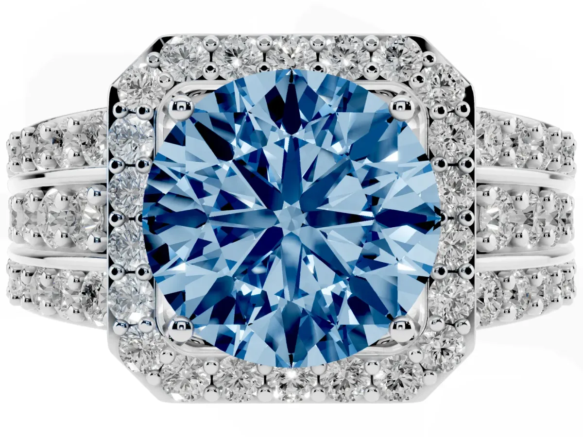 Fancy Blue Round Cut Halo Diamond Ring with Round Split Shank and Prong Setting Platinum