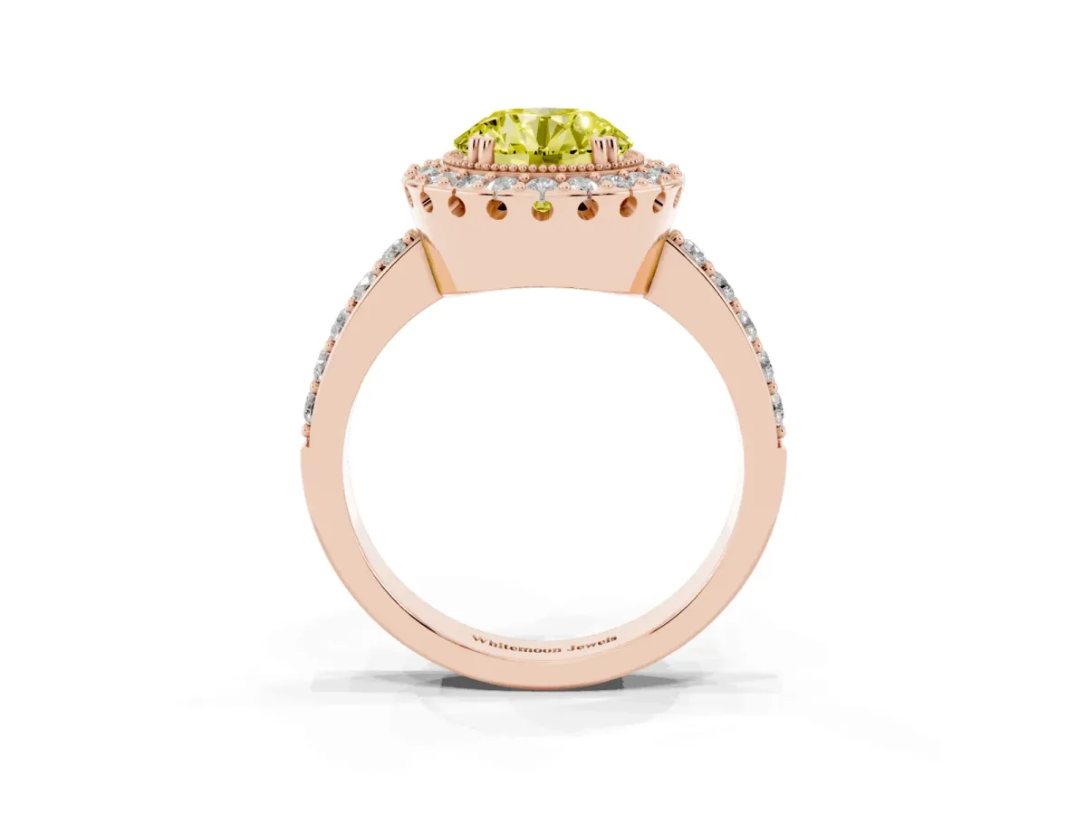 Fancy Yellow Round Cut Diamond Halo Ring with Pavé Band and Prong Setting Rose gold