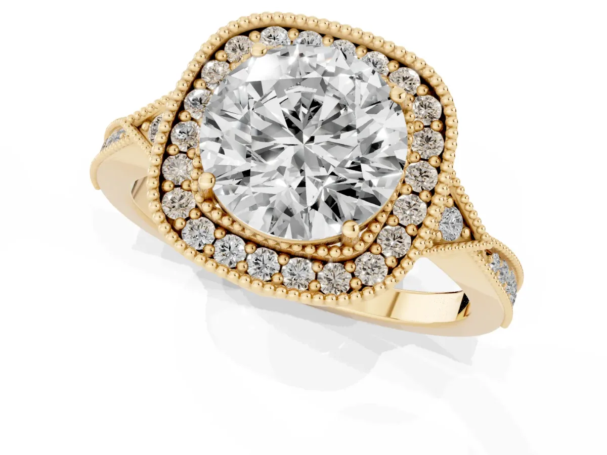 Round Cut Halo Round Diamond Milgrain Pave Engagement Ring Yellow gold