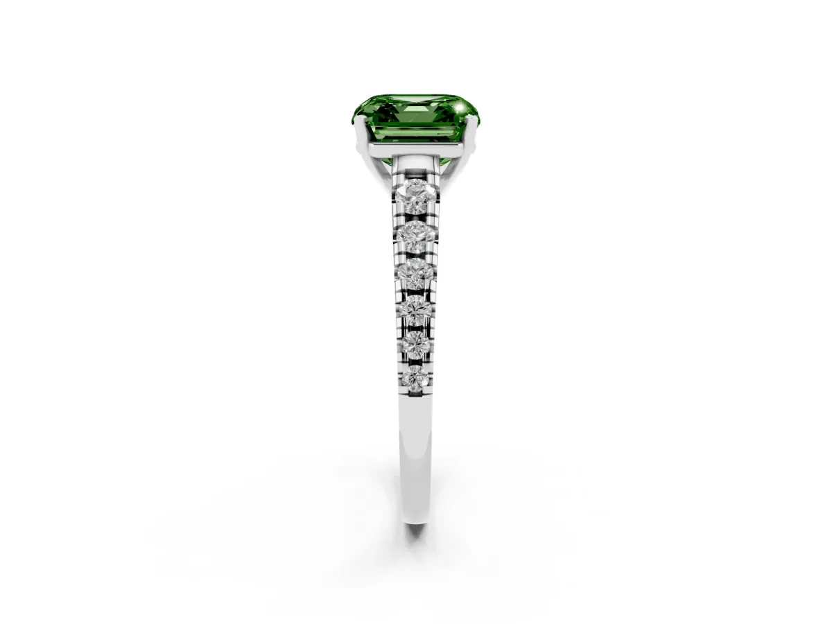 Fancy Green Asscher Cut Diamond Cathedral Solitaire Ring with Round Pavé Band Silver