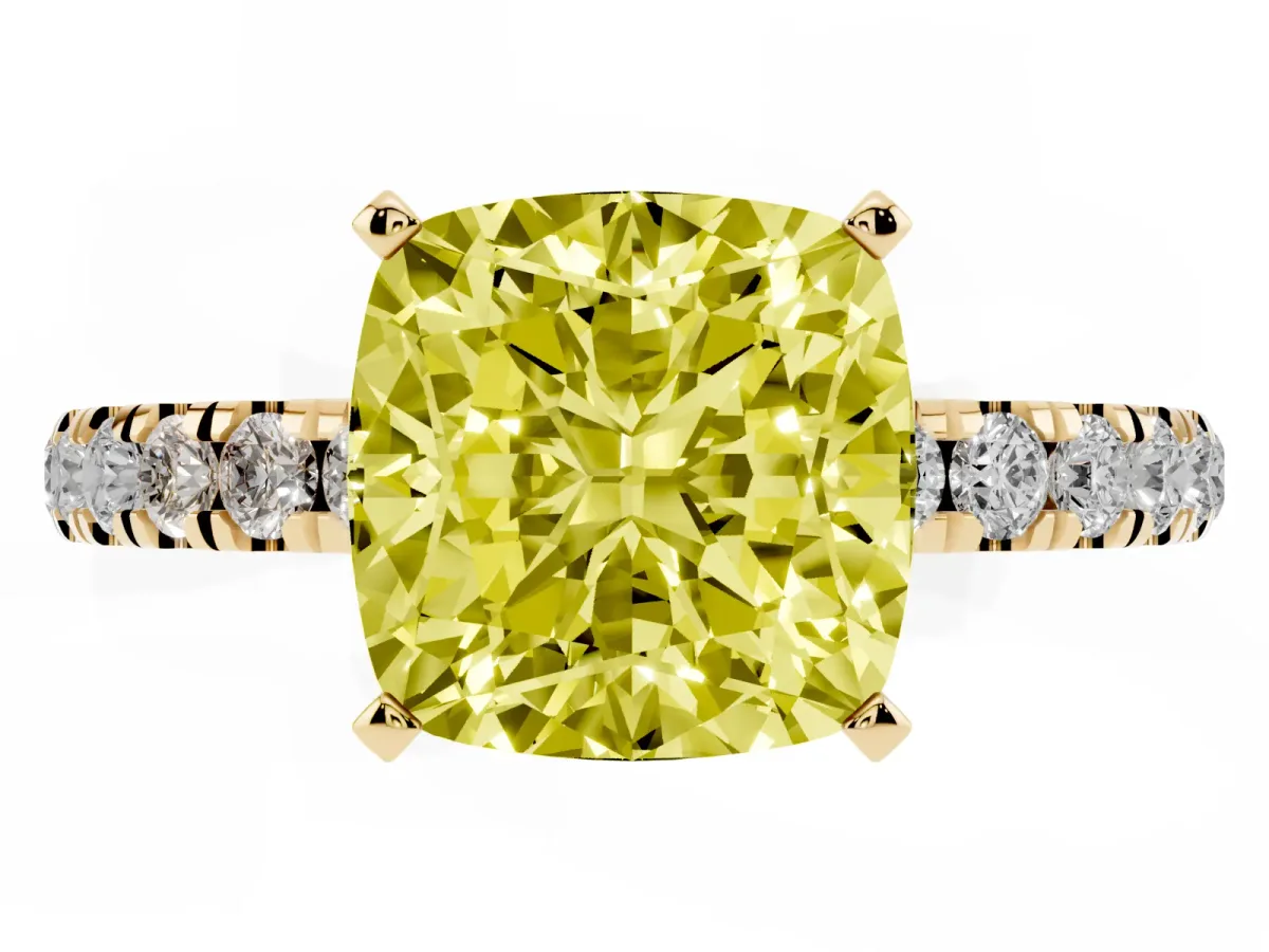 Fancy Yellow Cushion Cut Diamond Solitaire Ring with Pavé Accents and Four-Prong Setting Yellow gold