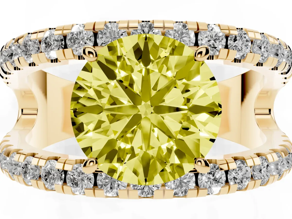 Fancy Yellow Round Cut Solitaire Split Shank Pave Diamond Ring Yellow gold