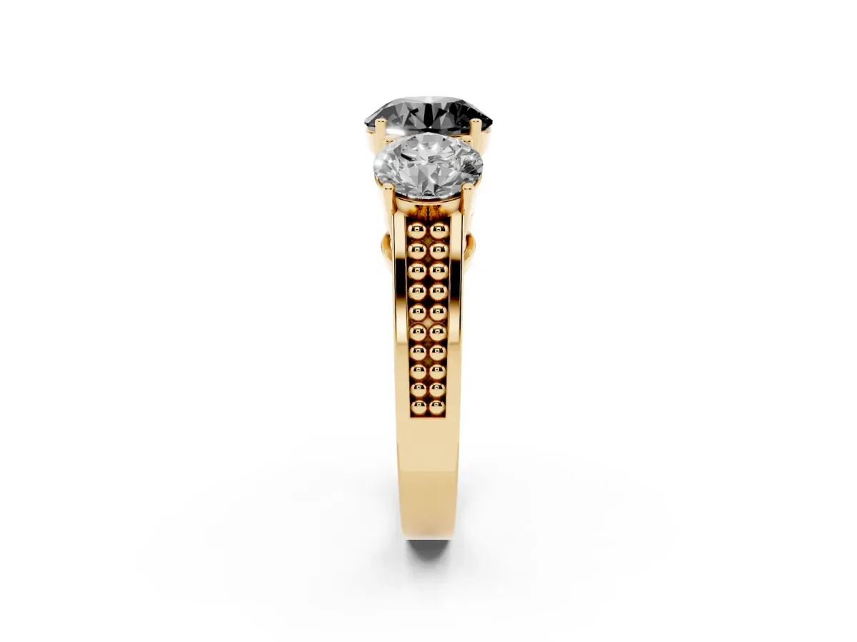 Fancy Black Round Cut Diamond Three-Stone Ring with Prong Setting and Textured Band Yellow gold