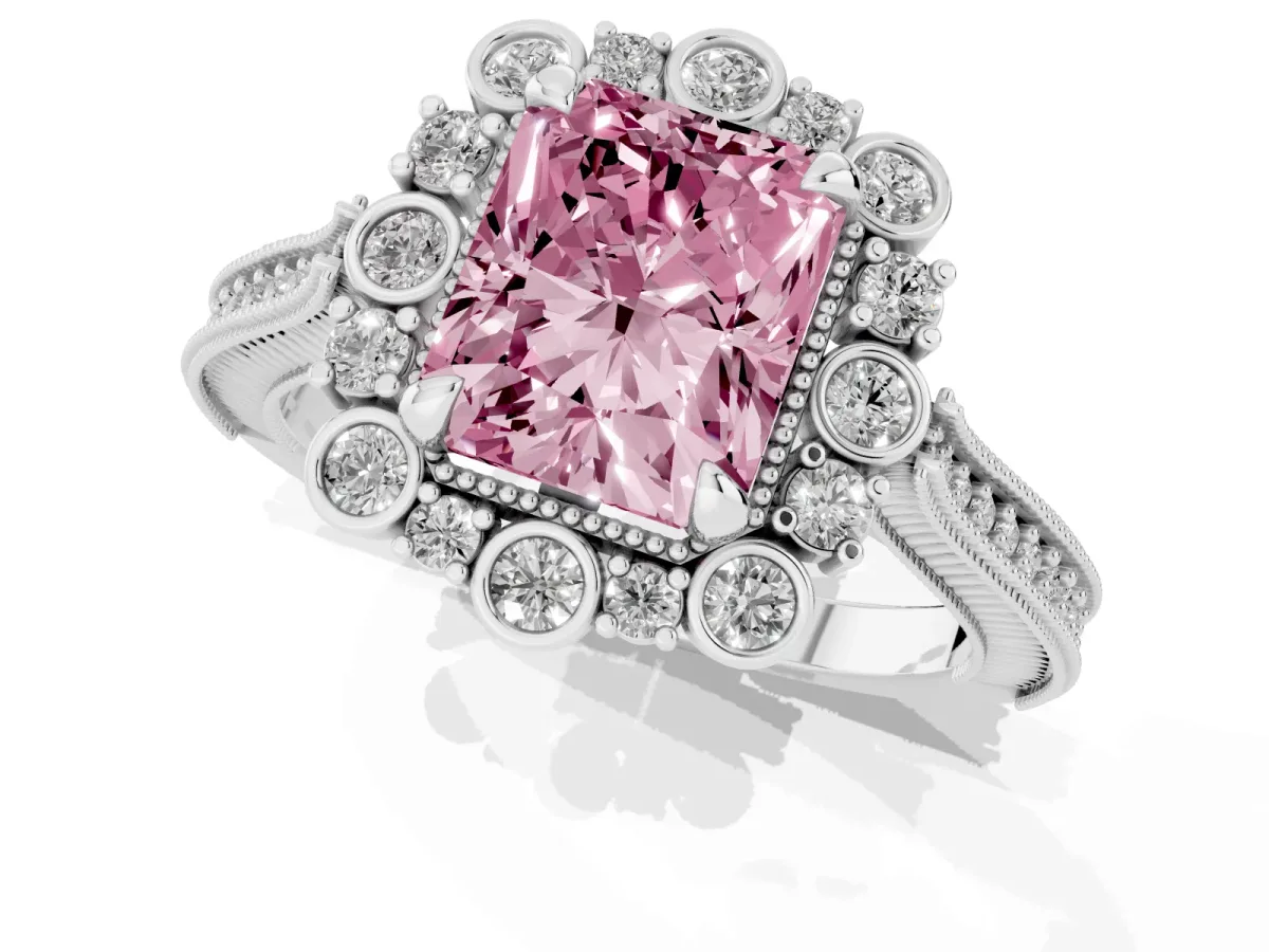 Fancy Pink Radiant Cut Halo Milgrain Pave Diamond Ring with Four-Prong Setting Silver