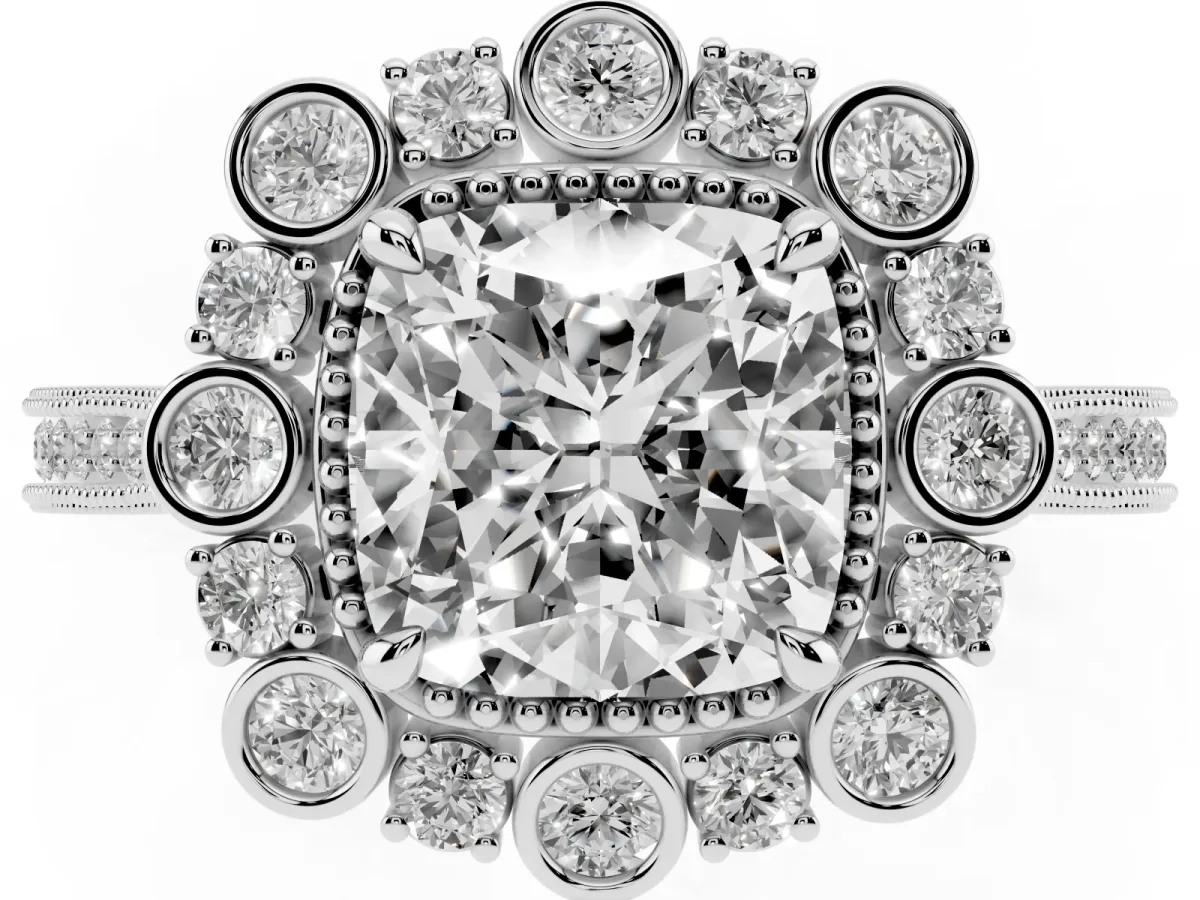 Cushion Cut Halo Milgrain Pave Diamond Ring with Four-Prong Setting Platinum