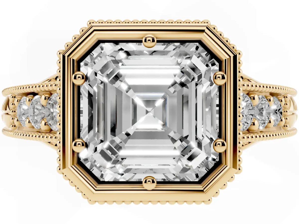 Bezel Set Asscher Cut Diamond Milgrain Pave Engagement Ring Yellow gold