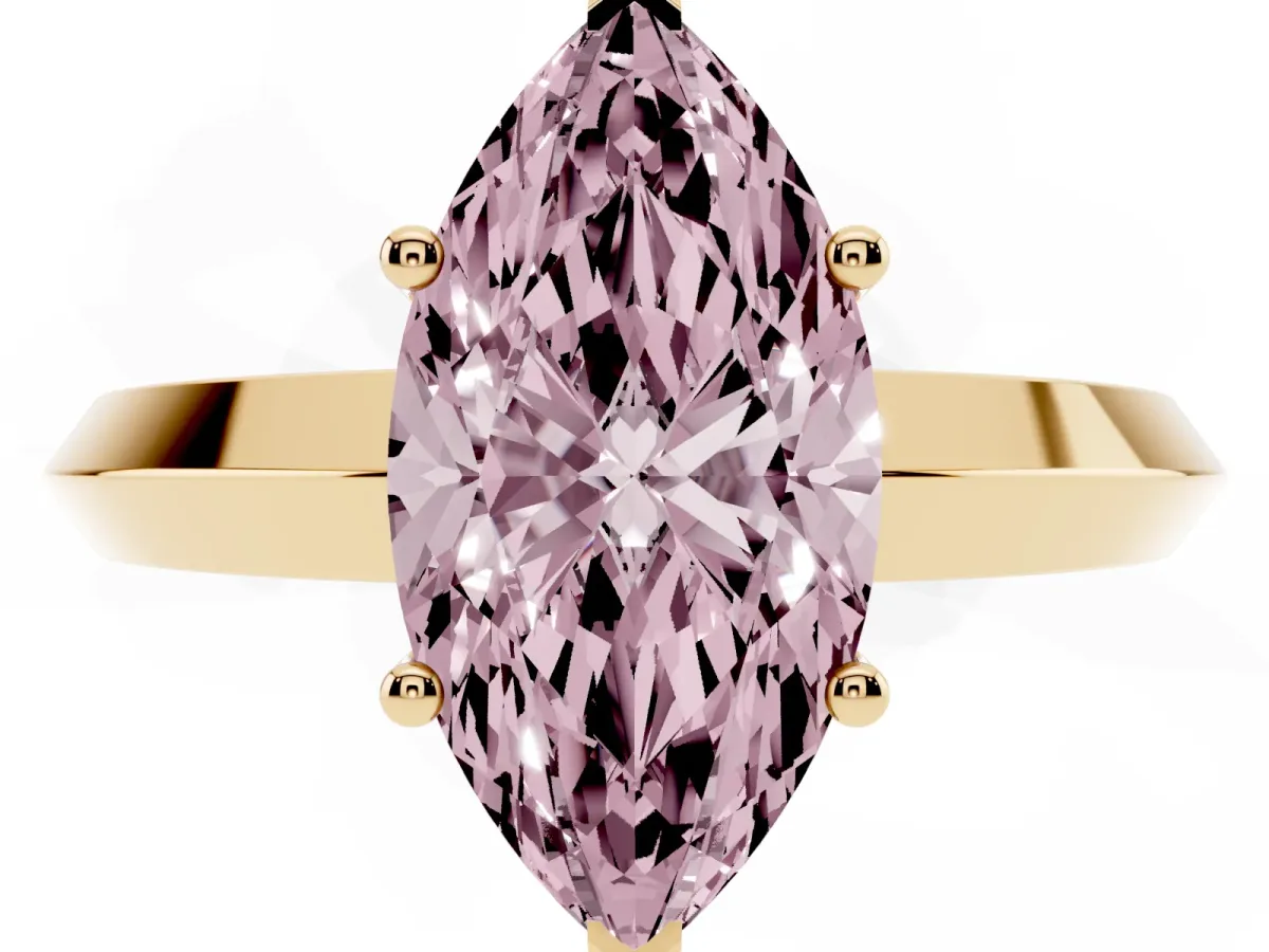 Fancy Pink Marquise Cut Cut Solitaire Engagement Ring with Flat Band and Four-Prong Setting Yellow gold