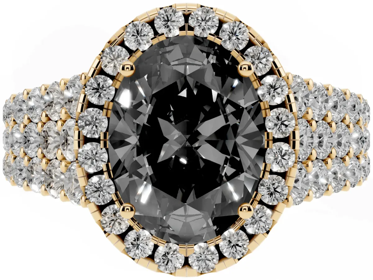 Fancy Black Oval Cut Diamond Halo Engagement Ring with Triple Row Round Pavé Band and Prong Setting Yellow gold