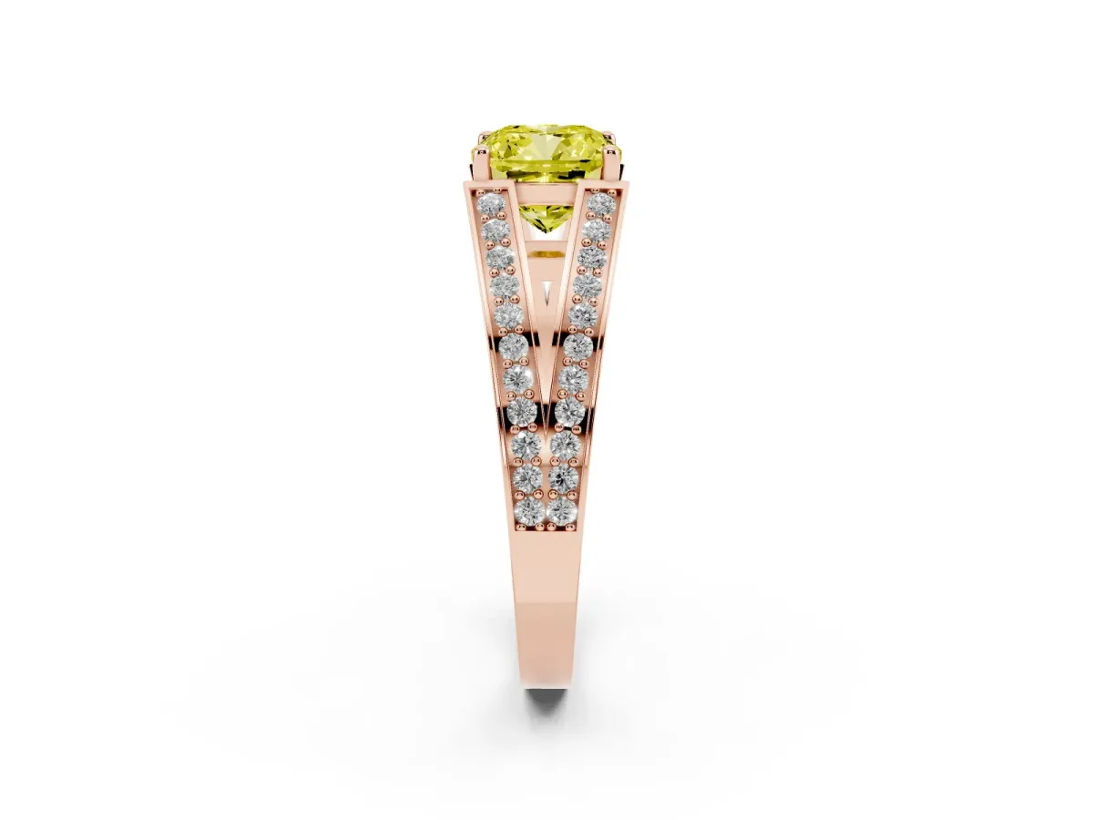 Fancy Yellow Cushion Cut Diamond Split Shank Ring with Pavé Band and Four-Prong Setting Rose gold