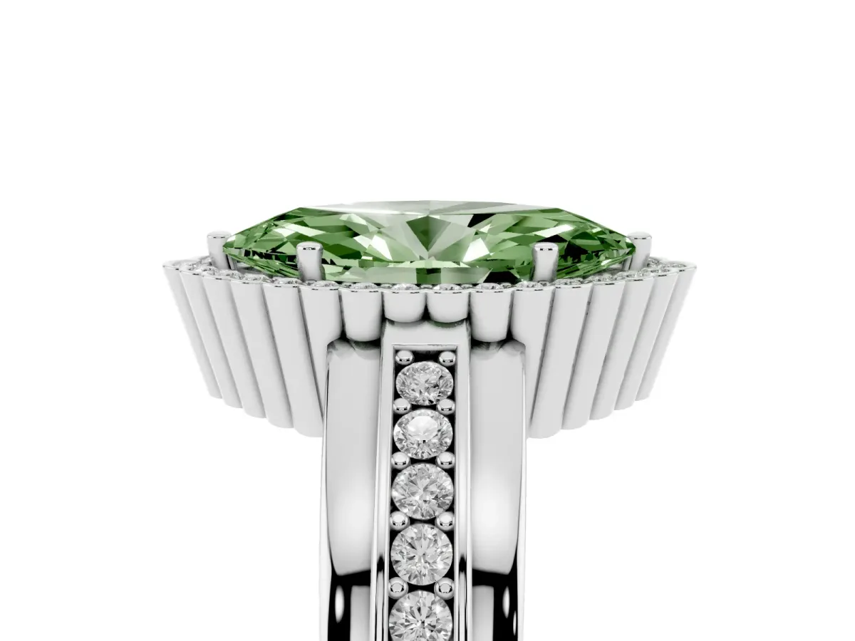 Fancy Green Marquise Cut Cut Halo Pave Band Four-Prong Ring Silver