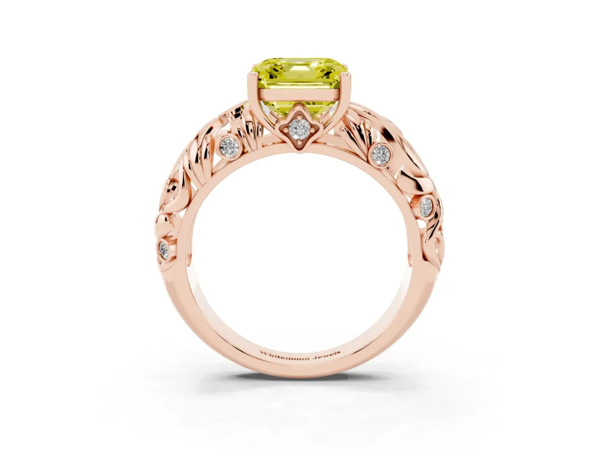 Fancy Yellow Asscher Cut Solitaire Diamond Leaf-Inspired Vine Band Ring with Prong Setting Rose gold