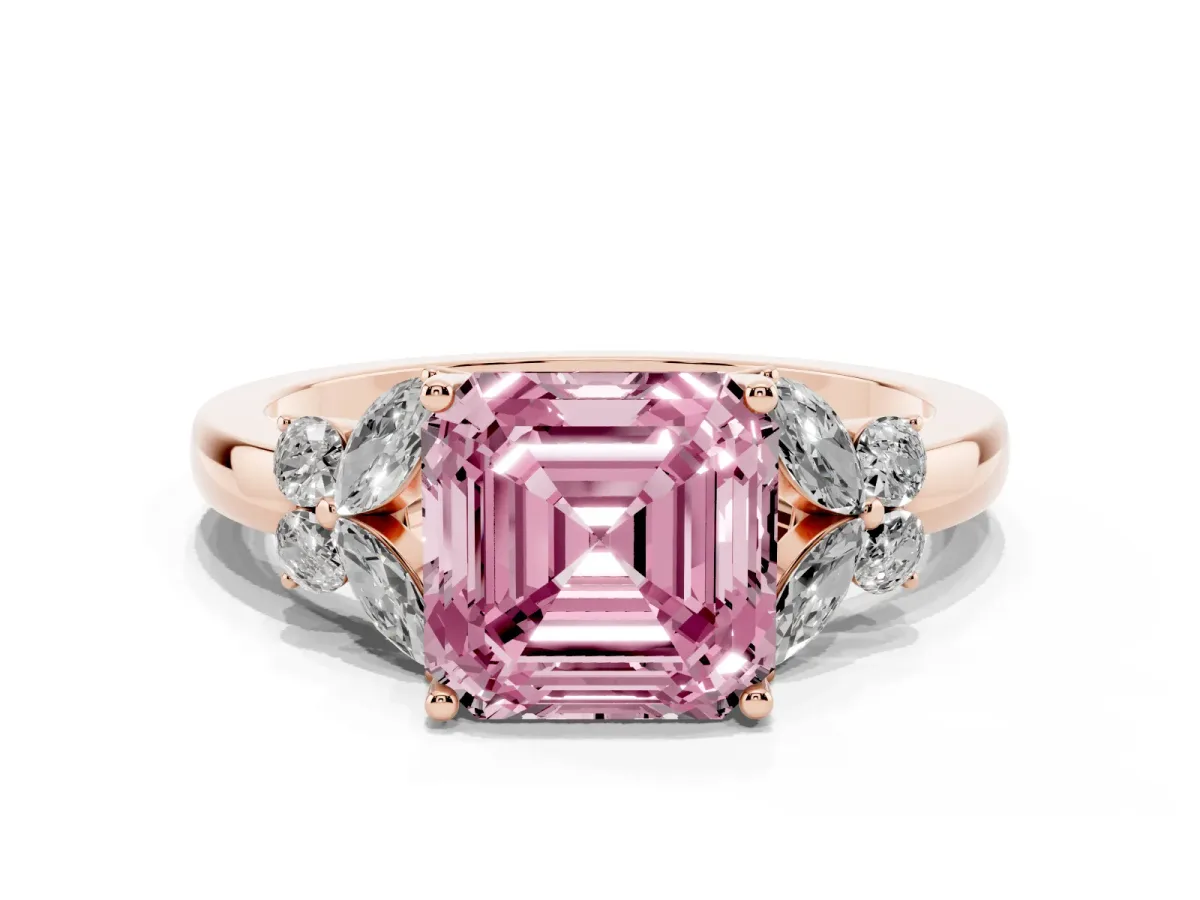 Fancy Pink Asscher Cut Cut Solitaire Floral Diamond Ring with Four-Prong Setting Rose gold