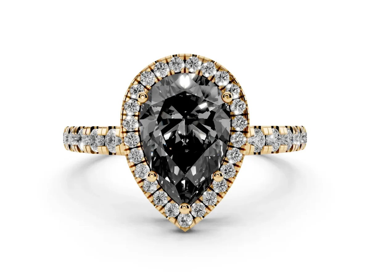 Fancy Black Pear Cut Diamond Halo Ring with Pavé Band and Four-Prong Setting Yellow gold