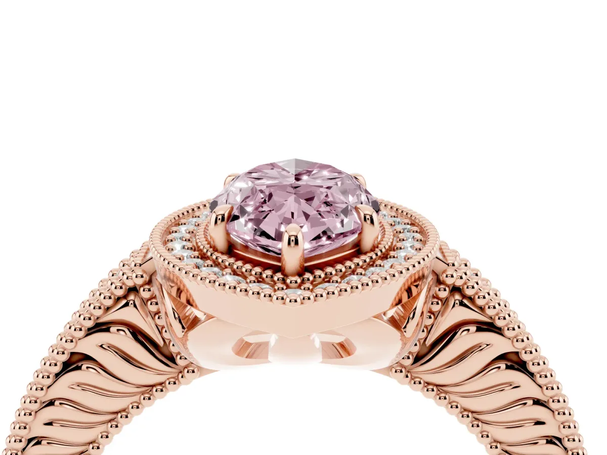 Fancy Pink Marquise Cut Cut Halo Diamond Ring with Pavé Band and Four-Prong Setting Rose gold