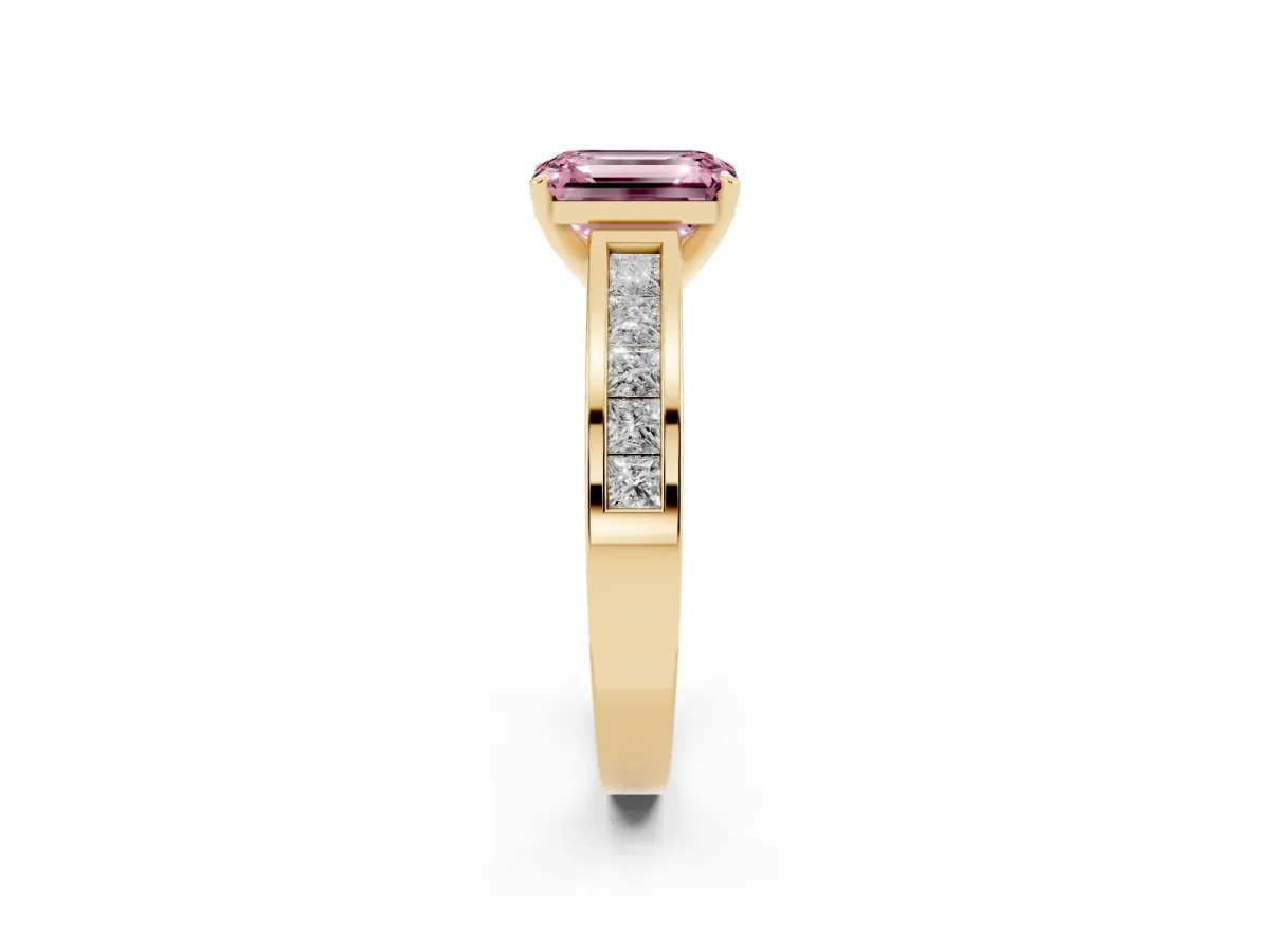 Fancy Pink Emerald Cut Solitaire Diamond Ring with Channel-Set Band and Four-Prong Setting Yellow gold