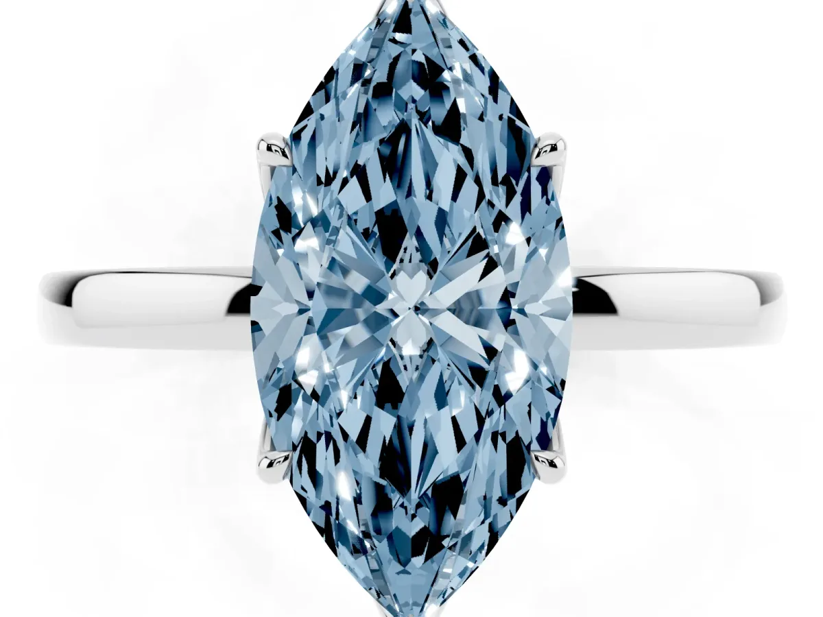 Fancy Blue Marquise Cut Diamond Solitaire Ring with Thin Band and Prong Setting Platinum