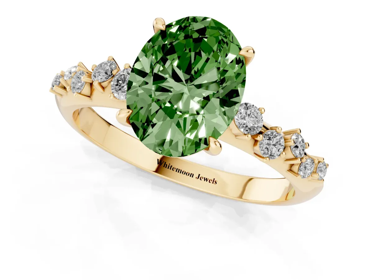 Fancy Green Oval Cut Diamond Cluster Side Stone Solitaire Ring with Prong Setting Yellow gold