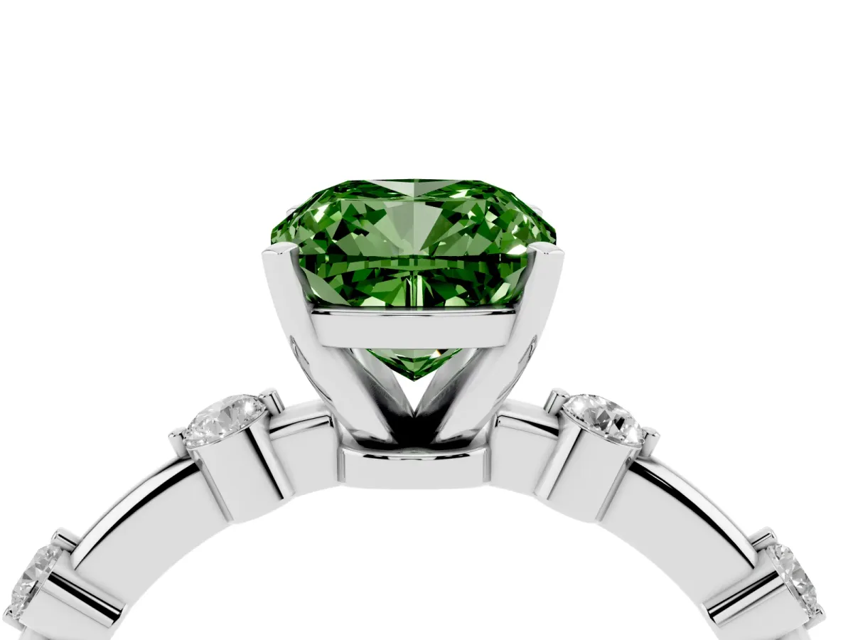 Fancy Green Cushion Cut Solitaire Diamond Ring with Bezel Set Side Stones and Prong Setting Silver