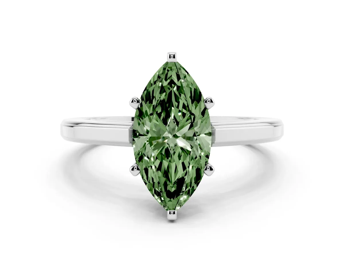 Fancy Green Marquise Cut Solitaire Diamond Ring with Four-Prong Setting and Classic Band Platinum