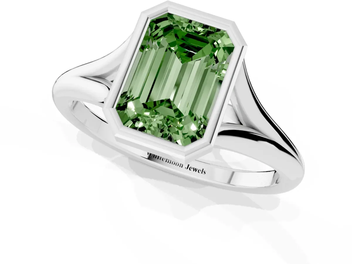 Fancy Green Bezel Set Emerald Cut Cut Solitaire Ring with Tapered Band Silver