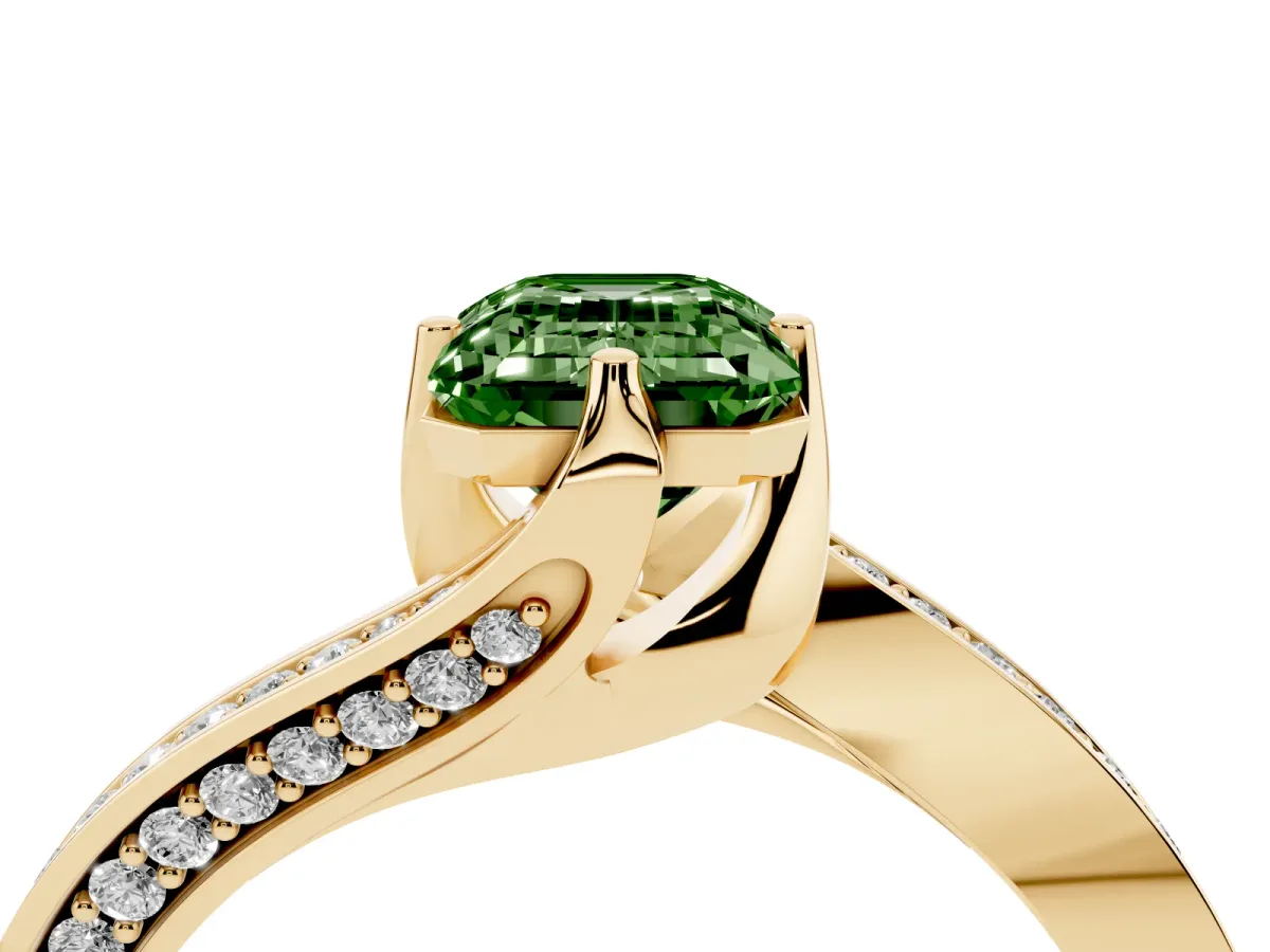 Fancy Green Emerald Cut Solitaire Diamond Twist Band with Pavé Setting and Four-Prong Setting Yellow gold