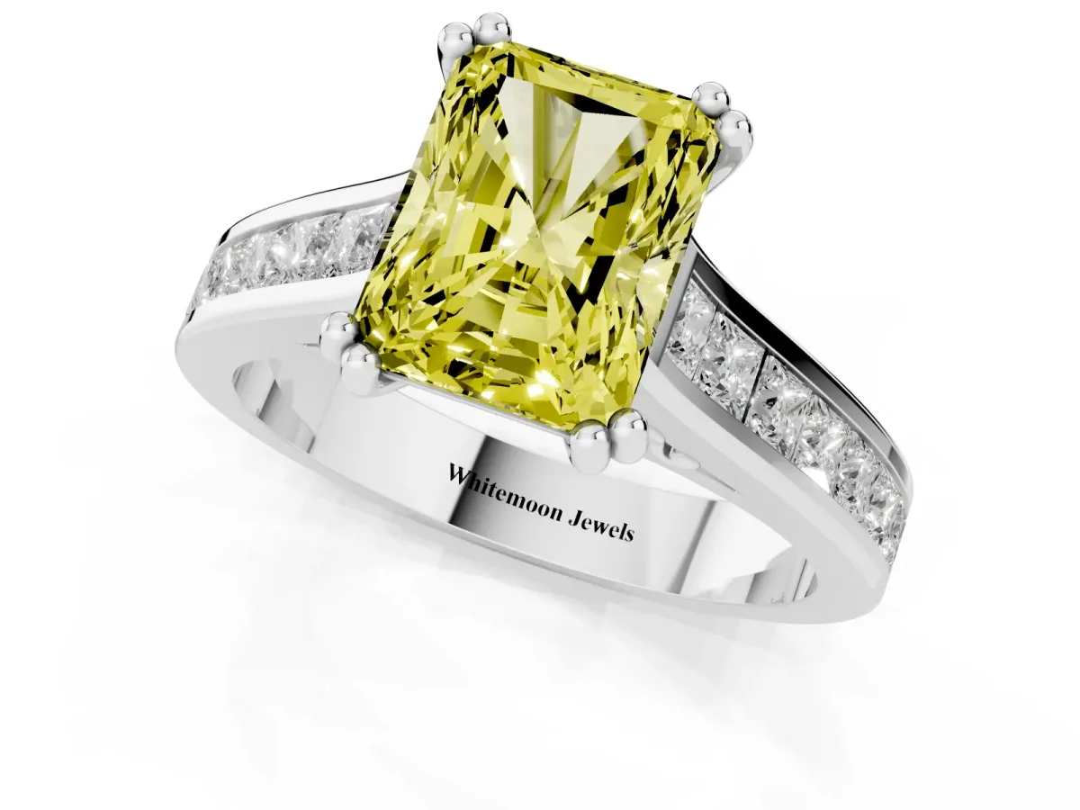 Fancy Yellow Radiant Cut Cut Channel Set Solitaire Engagement Ring with Prong Setting Silver