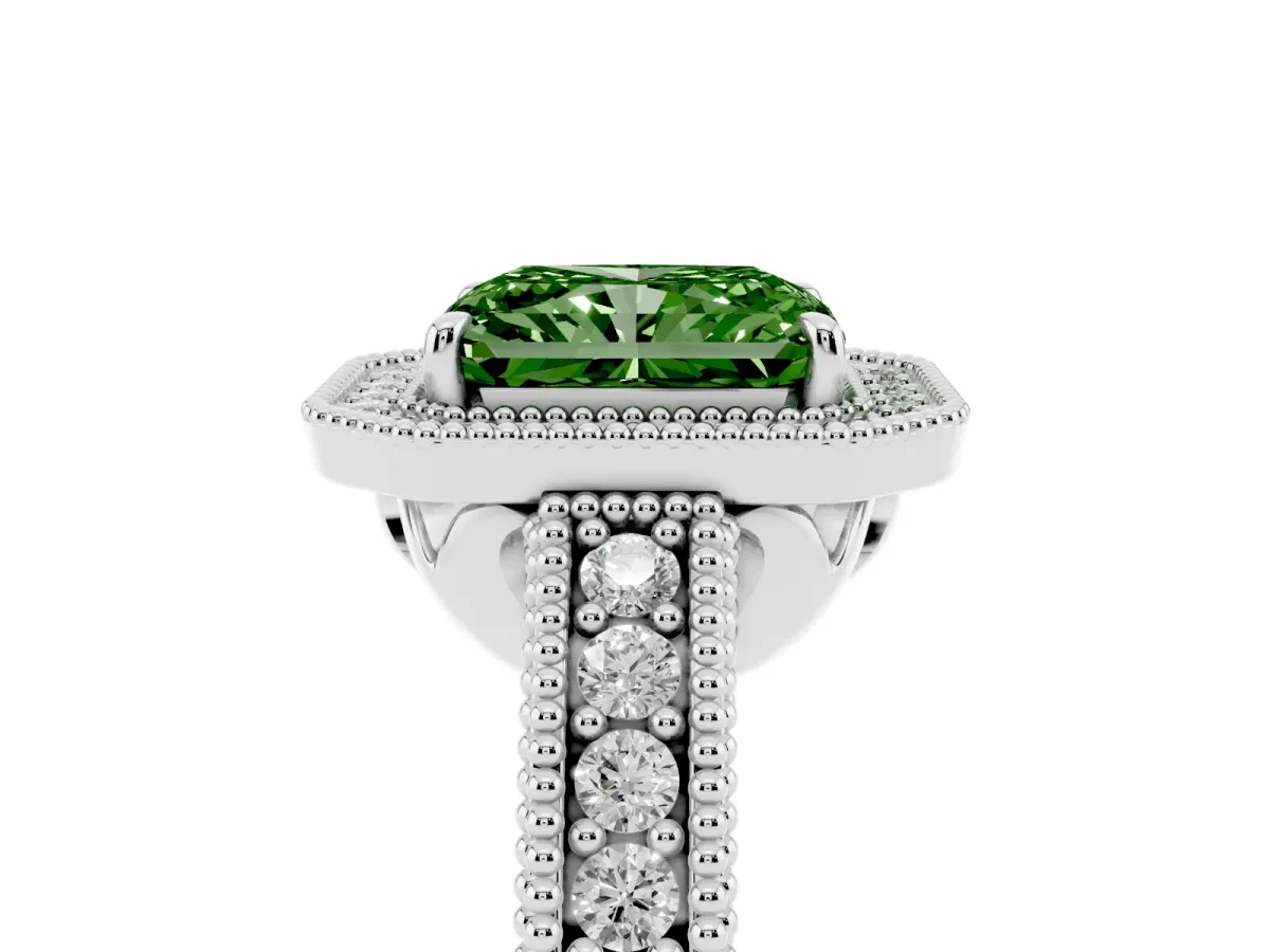Fancy Green Radiant Cut Cut Halo Diamond Ring with Pavé Band and Four-Prong Setting Silver
