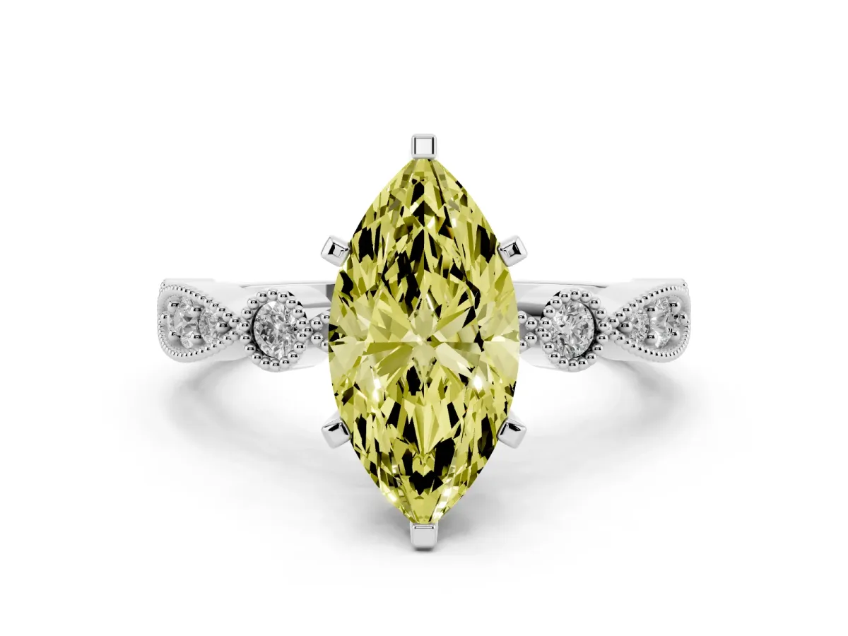 Fancy Yellow Marquise Cut Milgrain Bezel Diamond Engagement Ring with Solitaire Prong Setting Silver