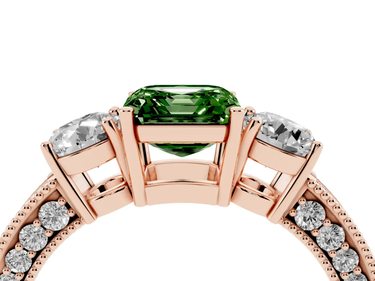 Fancy Green Asscher Cut Three-Stone Diamond Ring with Pavé Band and Four-Prong Setting Rose gold