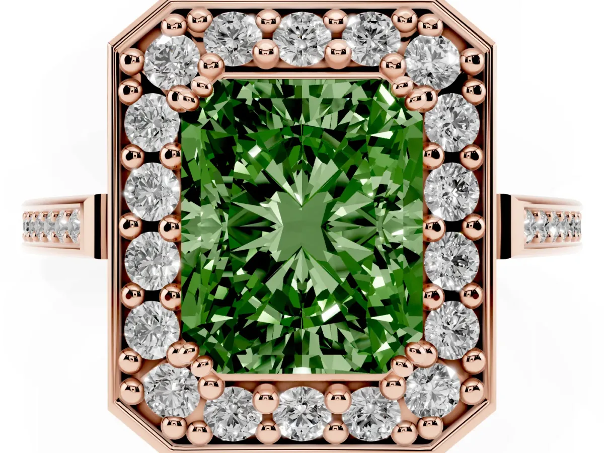 Fancy Green Radiant Cut Diamond Halo Ring with Split Shank and Four-Prong Setting Rose gold