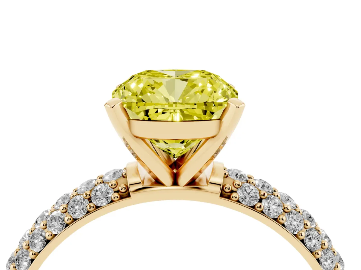 Fancy Yellow Cushion Cut Diamond Solitaire Ring with Prong Setting and Pavé Band Yellow gold