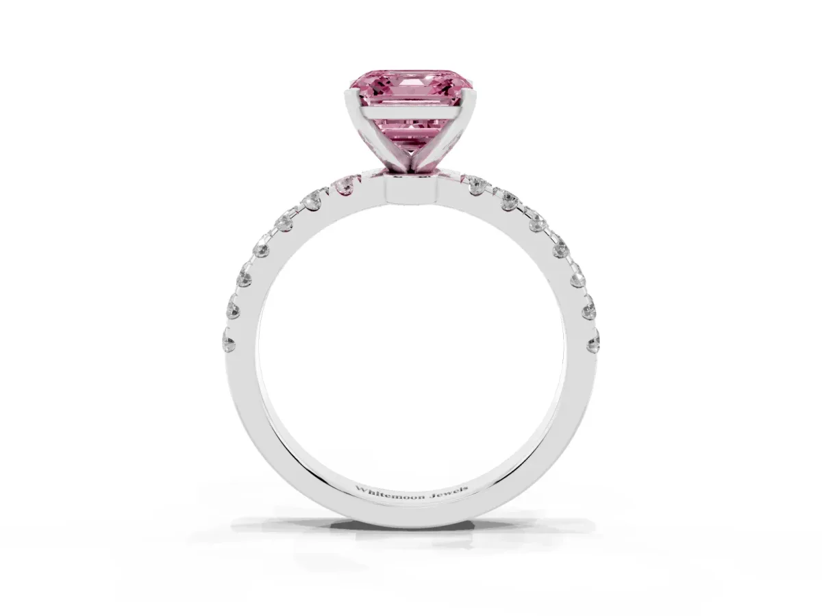 Fancy Pink Asscher Cut Diamond Solitaire Ring with Pavé Accents and Four-Prong Setting Platinum