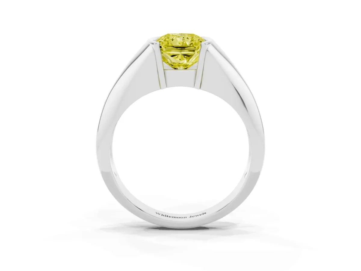 Fancy Yellow Radiant Cut Solitaire Tension Set Diamond Ring Silver