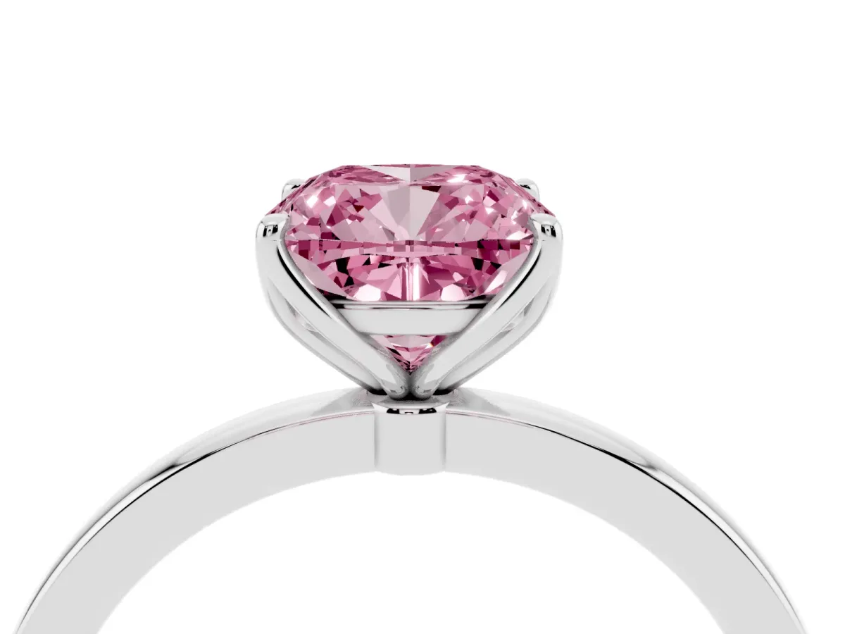 Fancy Pink Cushion Cut Diamond Solitaire Ring with Thin Band and Prong Setting Platinum