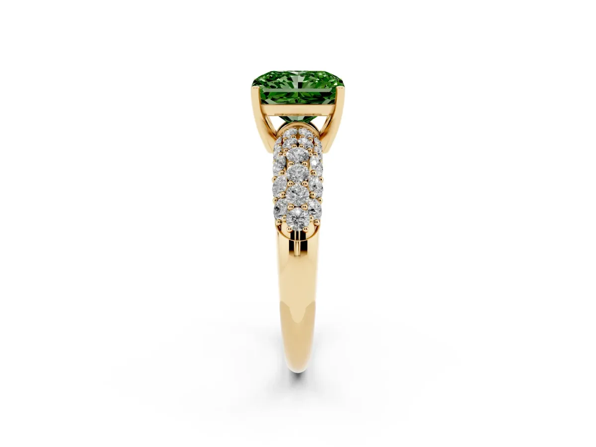 Fancy Green Radiant Cut Diamond Pavé Band Solitaire Ring with Four-Prong Setting Yellow gold