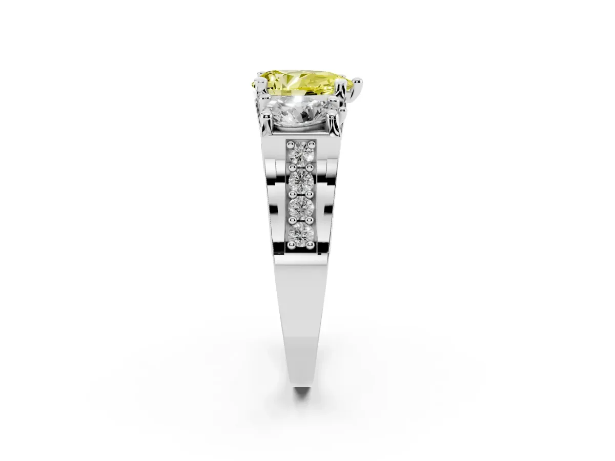 Fancy Yellow Pear Cut Diamond Three-Stone Ring with Channel Set Band and Four-Prong Setting Silver
