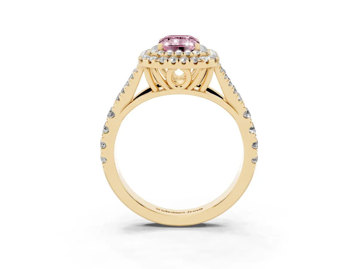 Fancy Pink Emerald Cut Diamond Pavé Split Shank Double Halo Engagement Ring Yellow gold