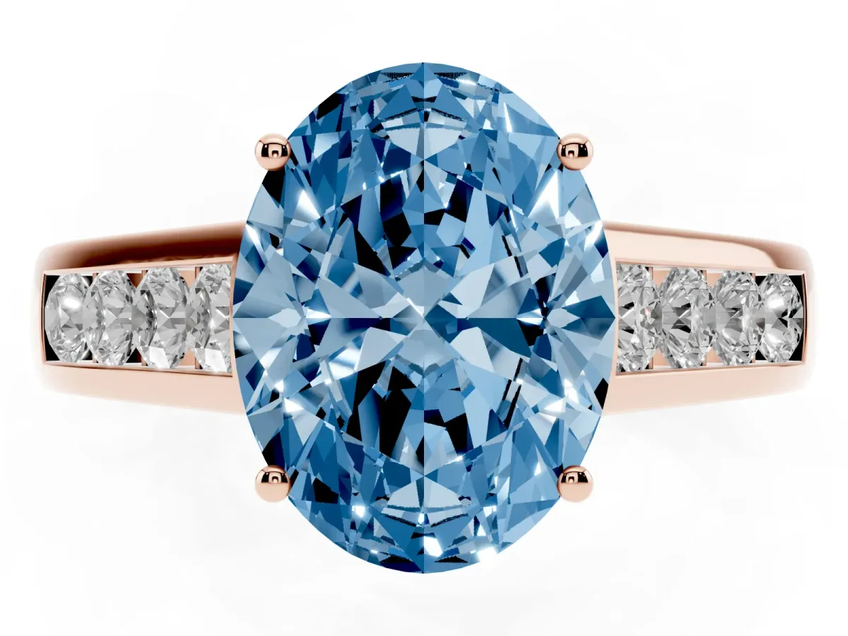 Fancy Blue Oval Cut Brilliant Channel-Set Solitaire Ring with Four-Prong Setting Rose gold