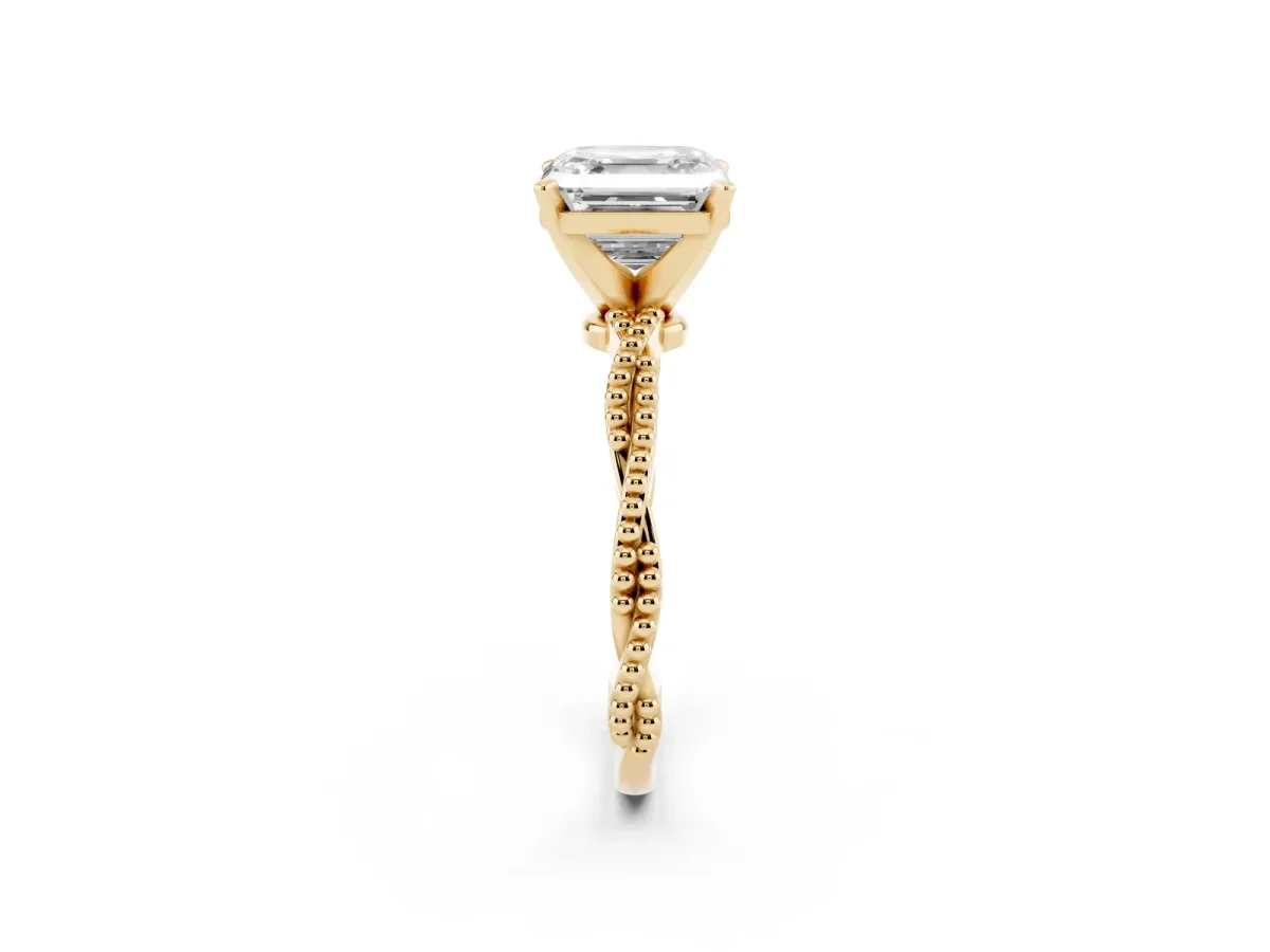 Asscher Cut Solitaire Twisted Band with Bead Prong Setting Yellow gold