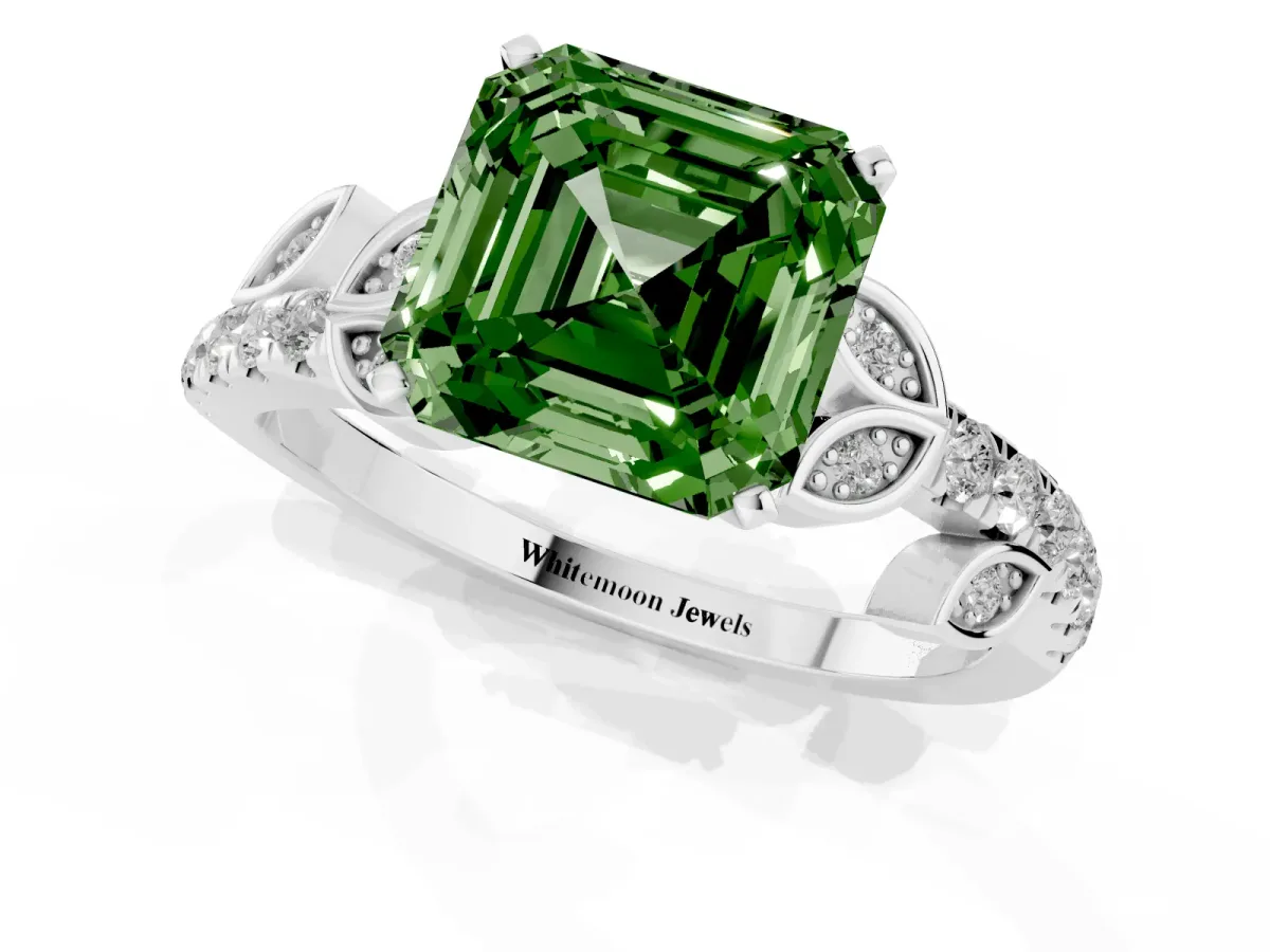 Fancy Green Asscher Cut Solitaire Leaf-Inspired Diamond Ring with Pavé Band and Four-Prong Setting Silver