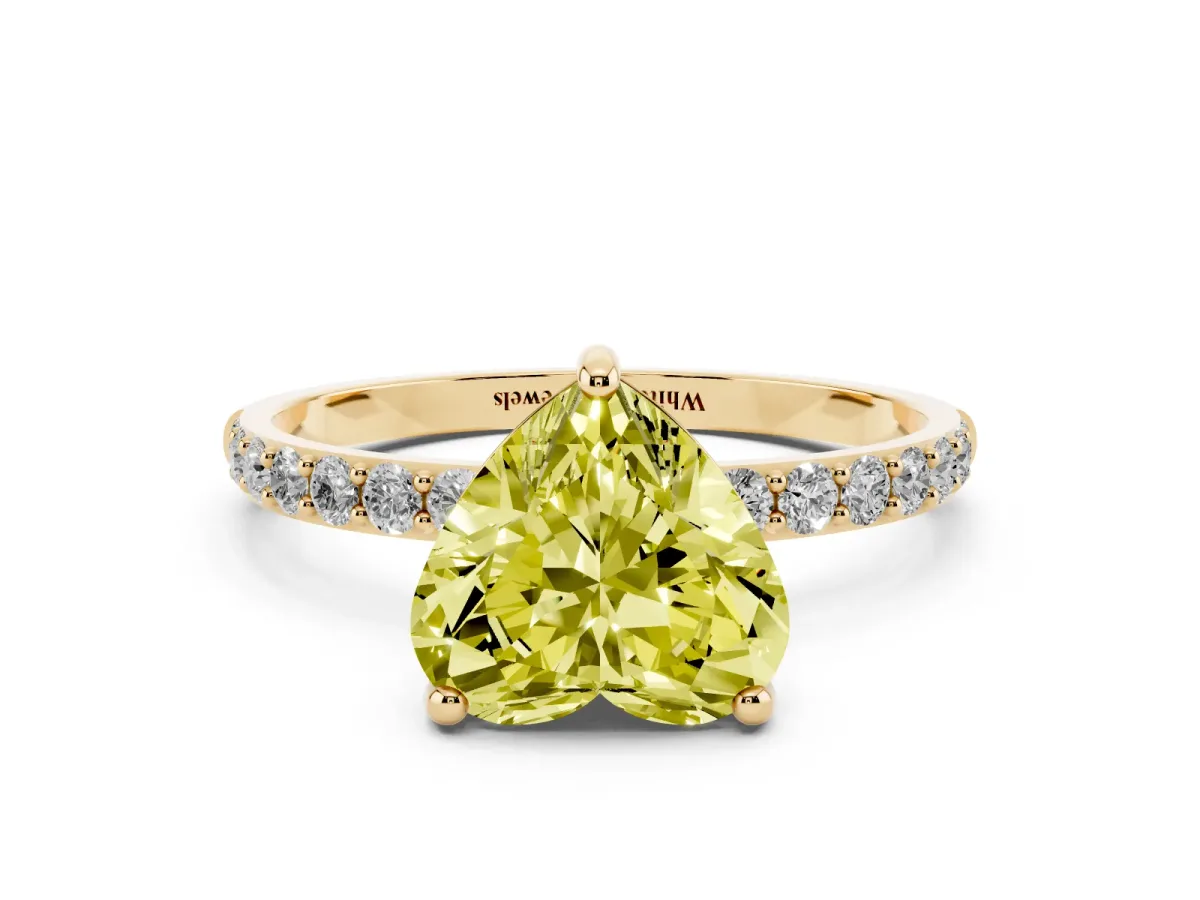 Fancy Yellow Heart Cut Diamond Solitaire Ring with Round Pavé Band and Prong Setting Yellow gold