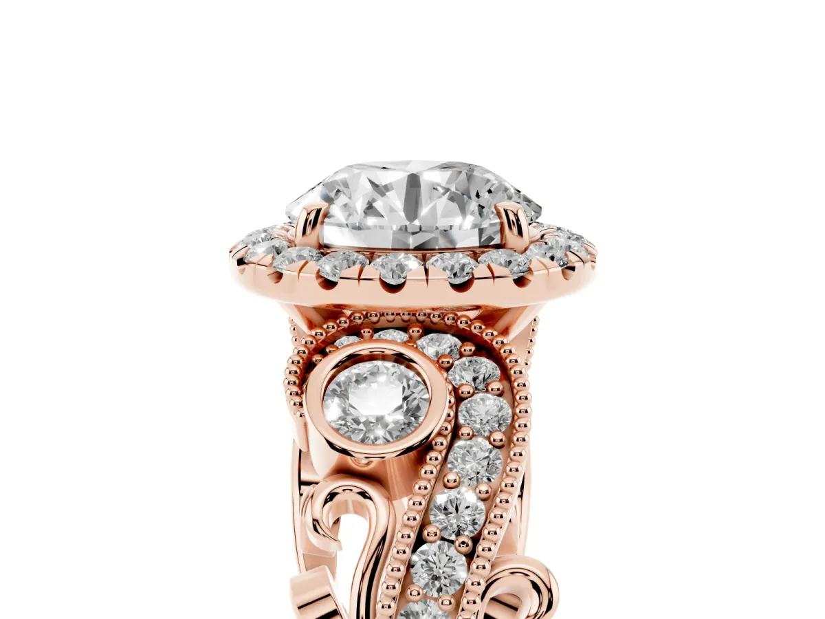 Round Cut Diamond Halo Ring with Milgrain Pavé Band and Four-Prong Setting Rose gold
