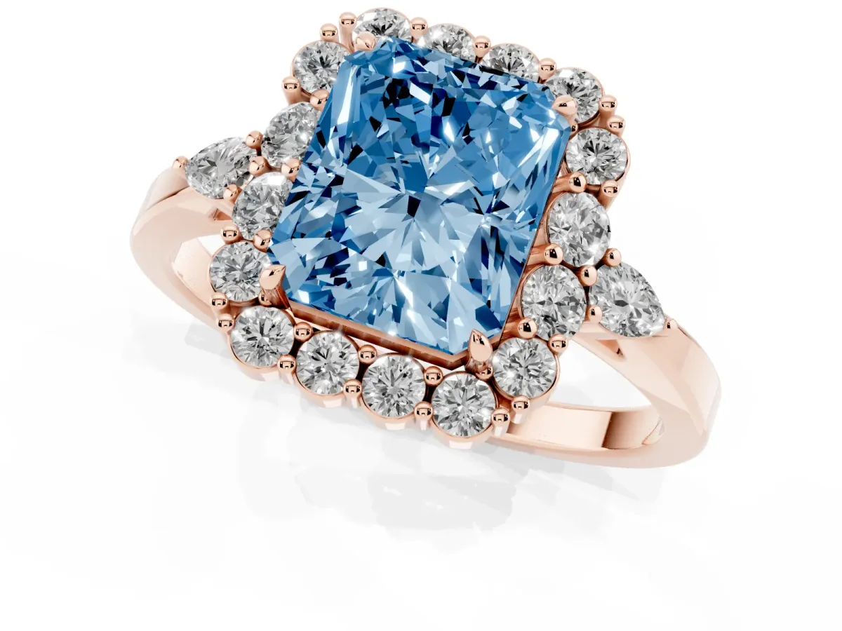 Fancy Blue Radiant Cut Diamond Halo Ring with Pear Side Stones and Prong Setting Rose gold