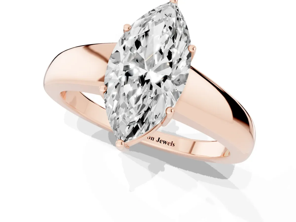Marquise Cut Solitaire Diamond Ring with Tapered Band and Four-Prong Setting Rose gold