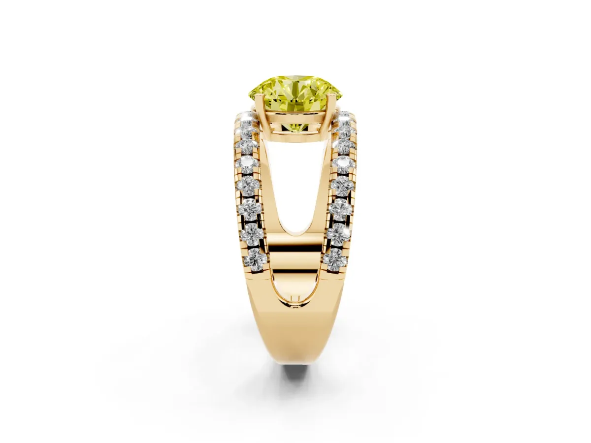 Fancy Yellow Round Cut Solitaire Split Shank Pave Diamond Ring Yellow gold