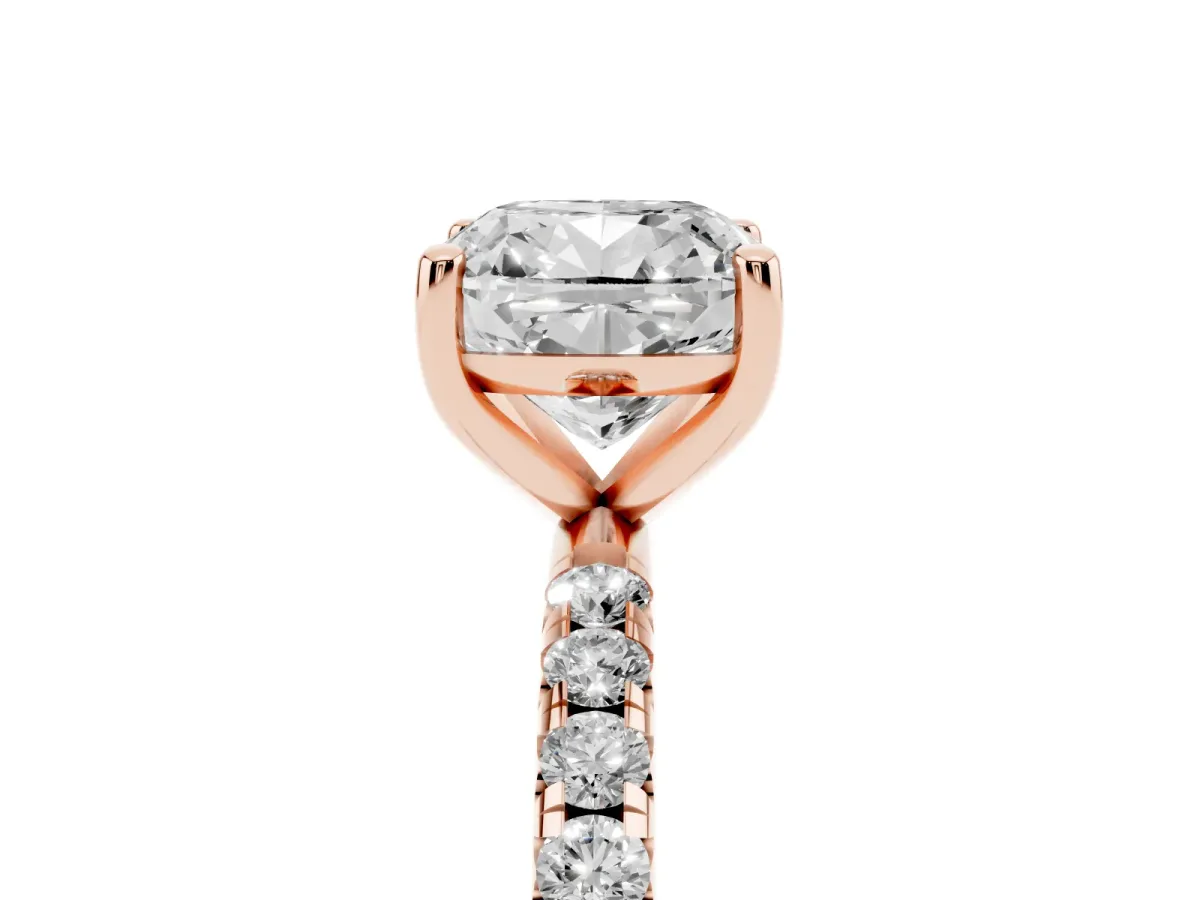 Cushion Cut Cut Diamond Solitaire Ring with Micro Pave Band and Four Prong Setting Rose gold