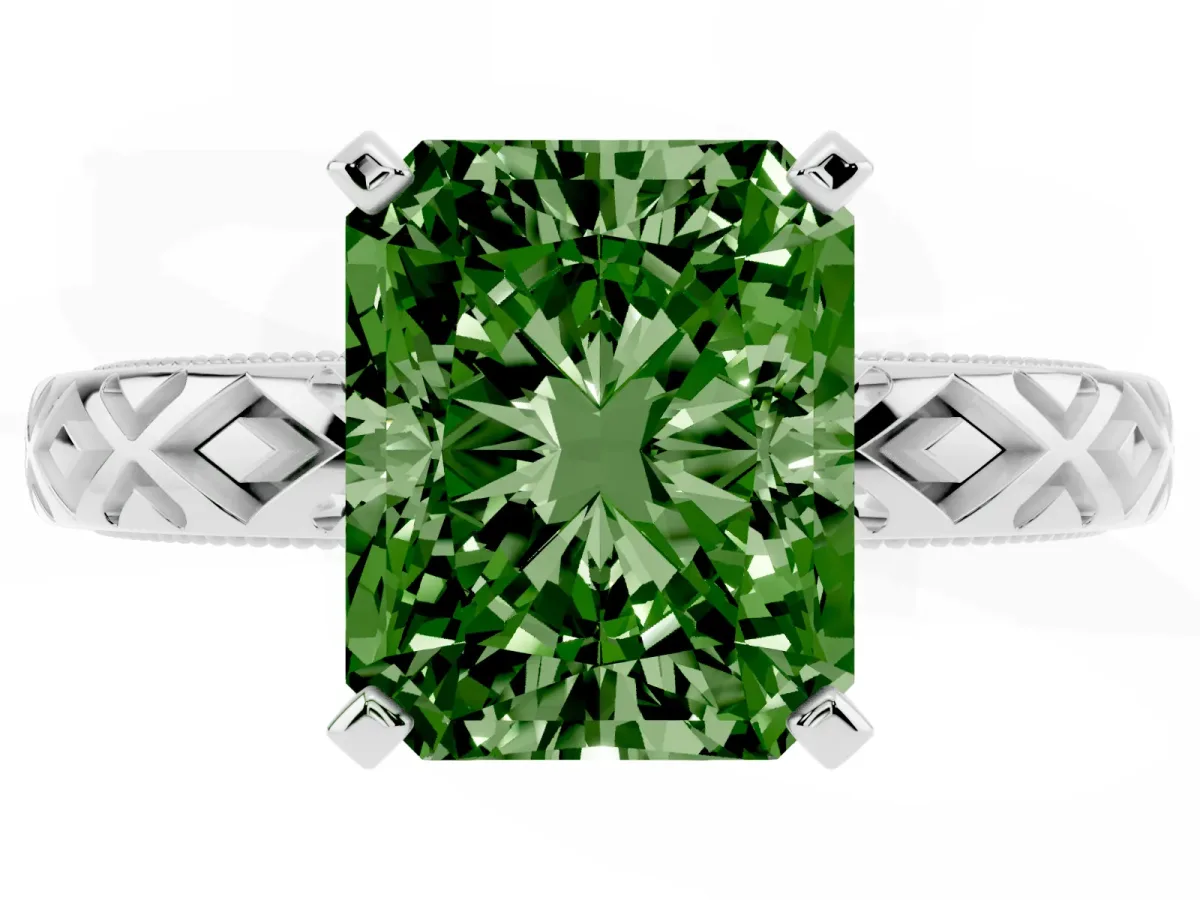 Fancy Green Radiant Cut Solitaire Diamond Ring with Milgrain and Black Enamel X Pattern Band Silver